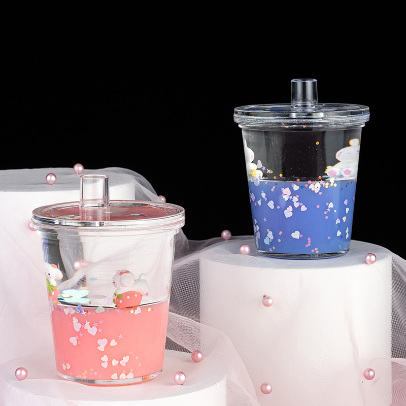 新款奶茶杯入油漂浮摆件创意卡通兔家居装饰笔插油滴儿童生日礼物