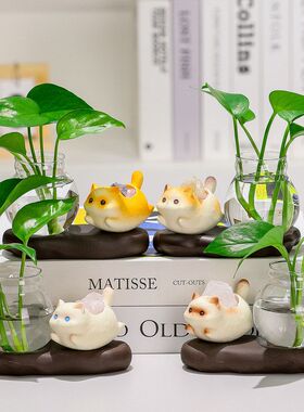 水晶小猫绿萝水培花瓶桌面摆件可爱招财猫装饰品花器插花水养花瓶