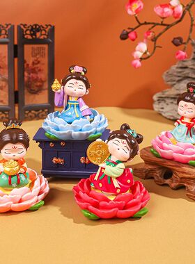 国潮风唐福洛仕女组合树脂摆件古风唐仕女桌面旋转装饰品景区热卖