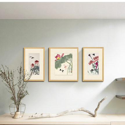 齐白石底稿荷气生财新中式客厅装饰画沙发背三联画古典中国风艺术