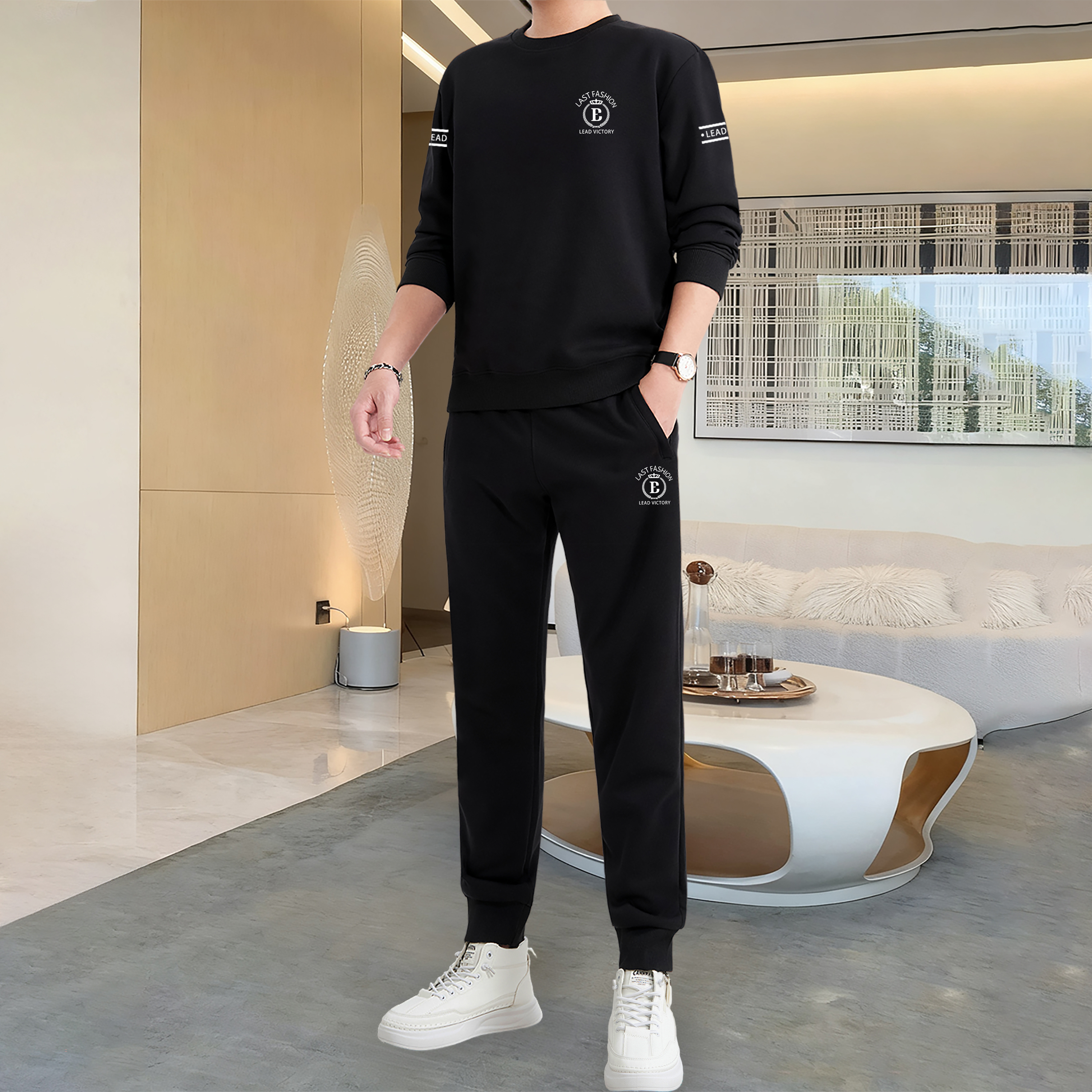 休闲卫衣套装男士春秋冬款加绒加厚百搭时尚潮牌帅气运动服两件套