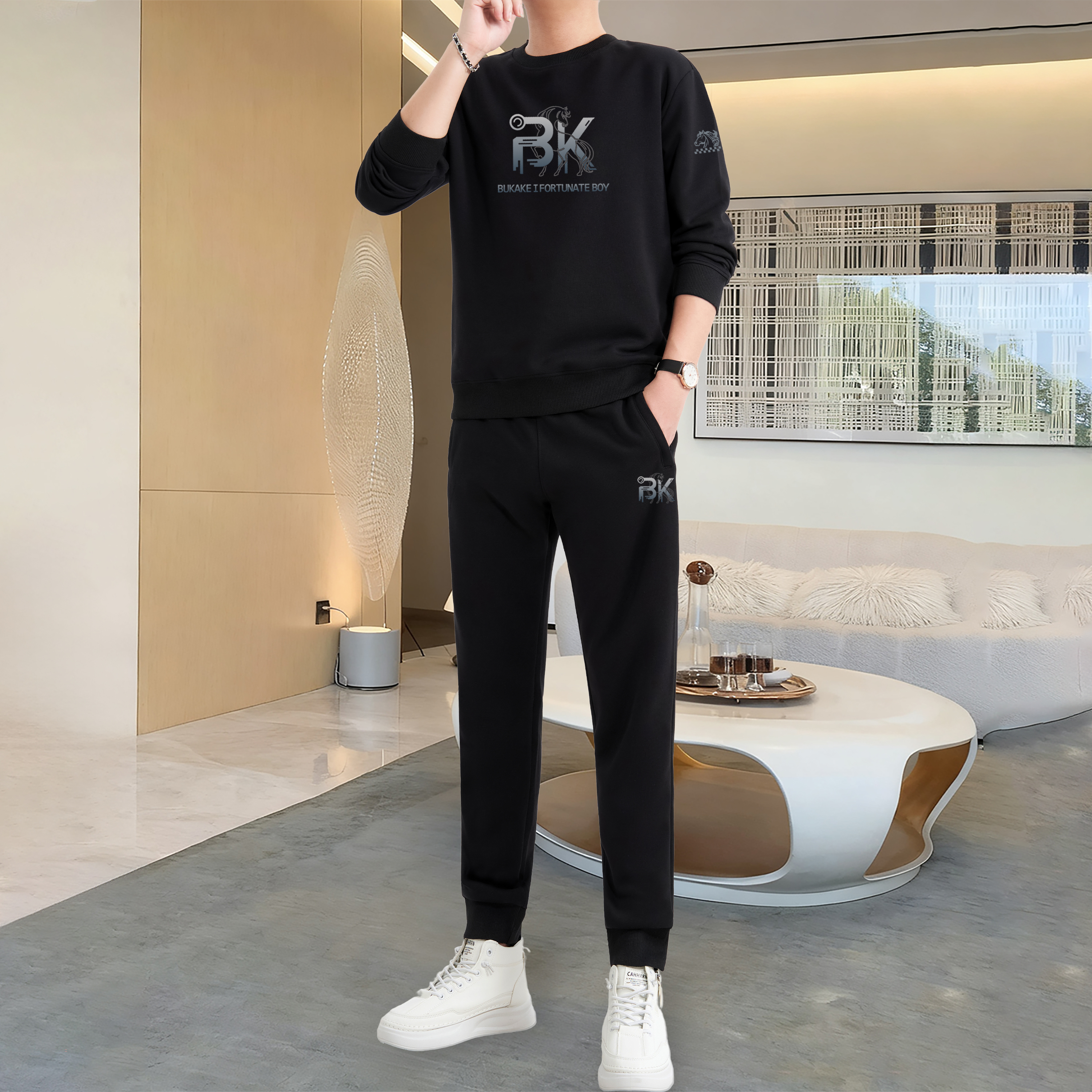 休闲卫衣套装男士运动服2025年秋冬季加绒加厚时尚简约春秋两件套