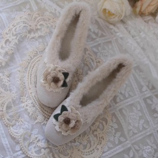 vintage甜瑶家《松萝》原创复古方头玫瑰加绒毛毛粗跟高跟鞋棉鞋