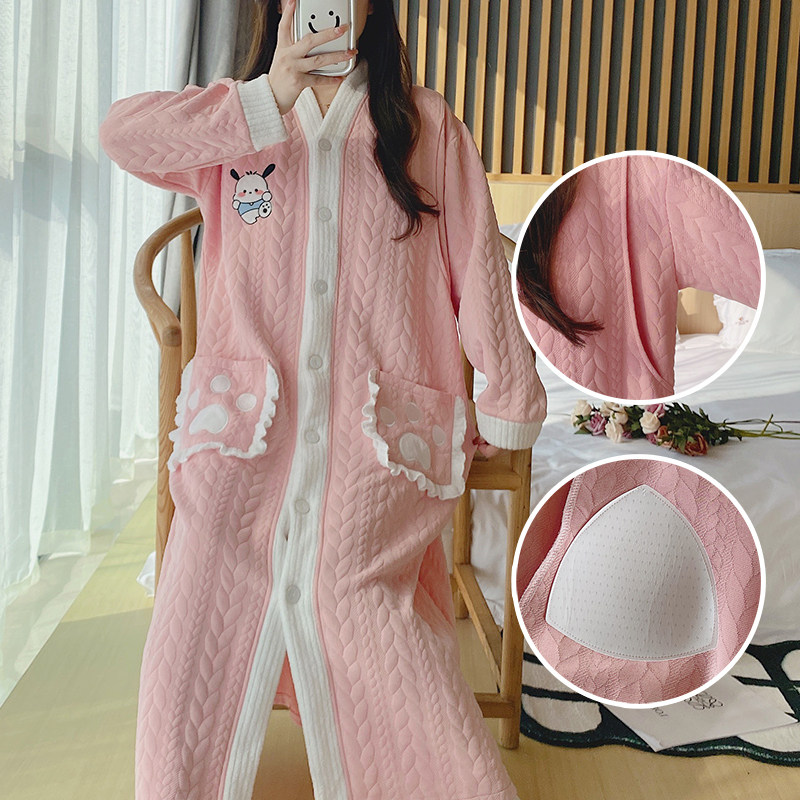 带胸垫空气棉孕妇睡衣待产入院哺乳睡裙秋冬喂奶产妇月子服9-12月