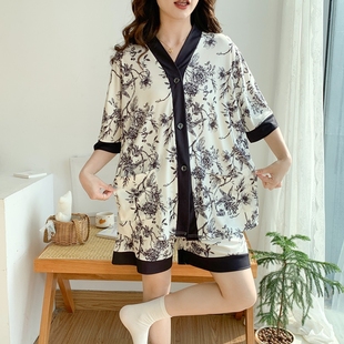 夏天卡通宽松显瘦家居服套装 夏季 冰丝睡衣女可爱开衫 大码 学生短袖