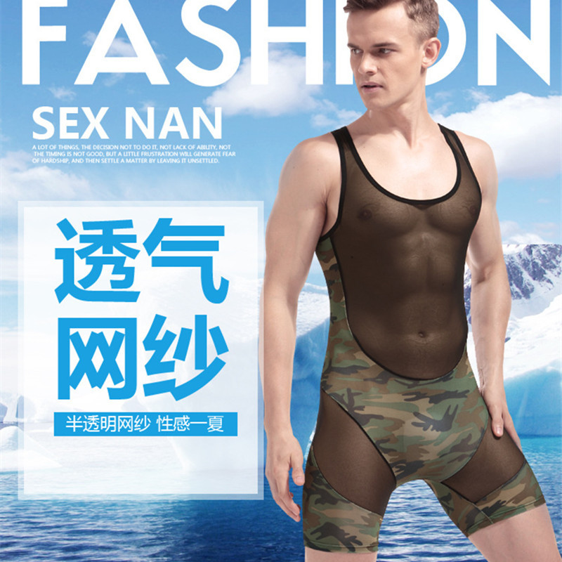 新款 男士摔跤内衣裤 性感精选迷彩搭配连体裤塑身衣服时尚表演装
