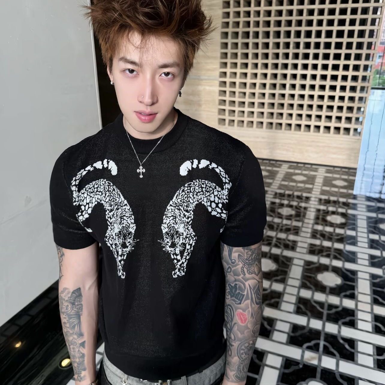 WANNA LAB 26SS 双豹提花图案针织毛衣正肩短袖正反两面穿男女T恤