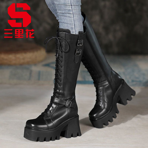 真皮马丁靴复古内增高女鞋超高跟