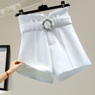 高腰宽松显纯色简约休闲百搭短裤 韩版 2022夏季 重工镶钻A字阔腿裤