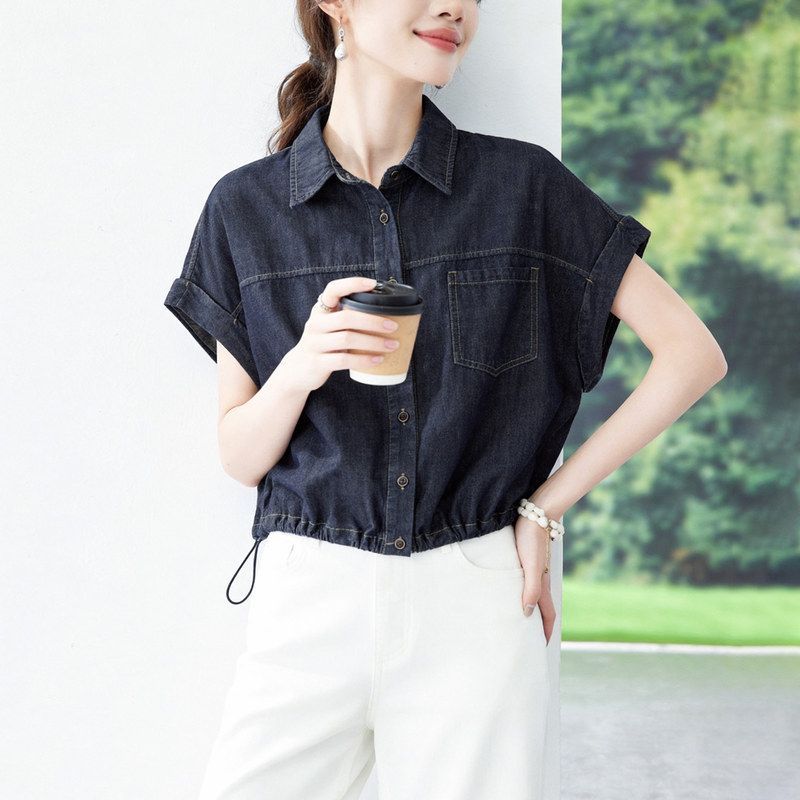 夏季纯棉抽绳短款牛仔衬衫女韩版宽松翻领短袖百搭薄款外套上衣