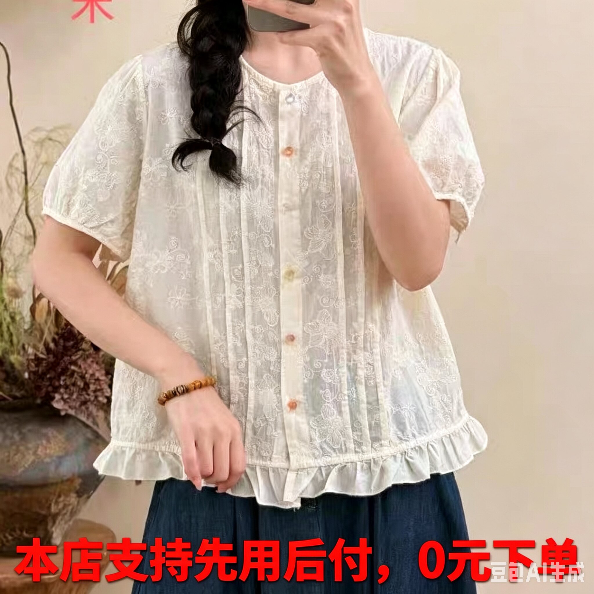 2026夏季蕾丝拼接木耳边短袖衬衫女薄款亲肤风琴褶宽松圆领棉小衫