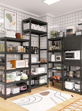 峰阳黑色厨房置物架落地多层微波炉烤箱架子收纳架家用省空间锅架