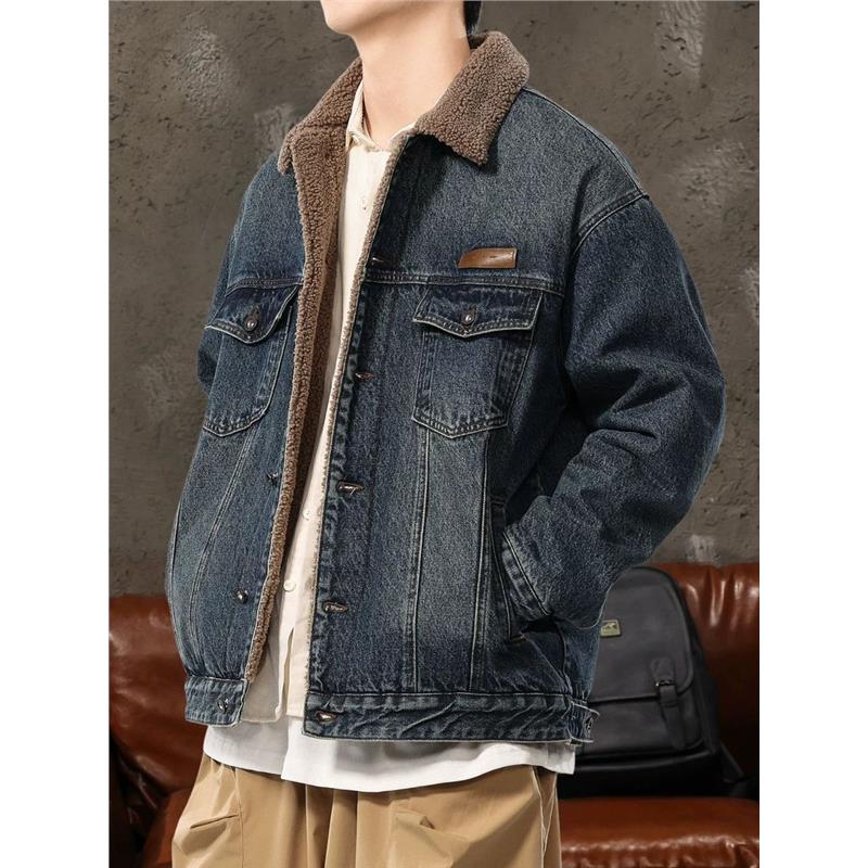 冬季翻领羊羔绒工装牛仔夹克外套男秋冬加绒加厚美式复古百搭衣服