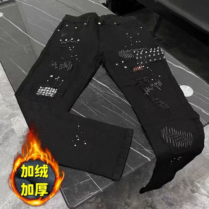 秋冬破洞潮牌流修身柳钉加