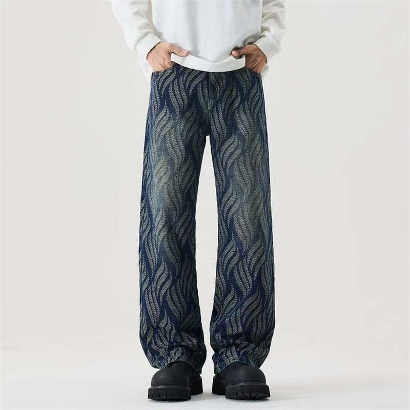 深蓝色提花水洗男士牛仔裤