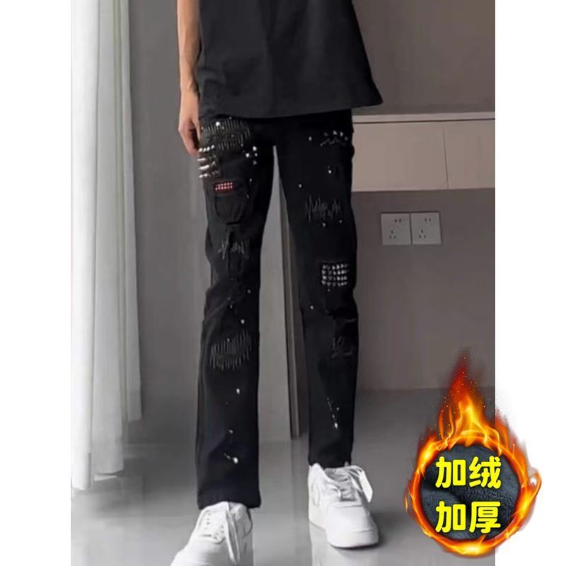 美式秋冬AM刺绣破洞贴布柳