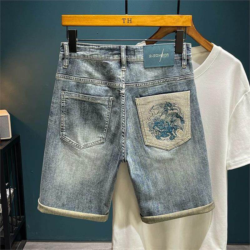美式破洞刺绣牛仔短裤男修身直筒水洗做旧潮流百搭运动休闲五分裤
