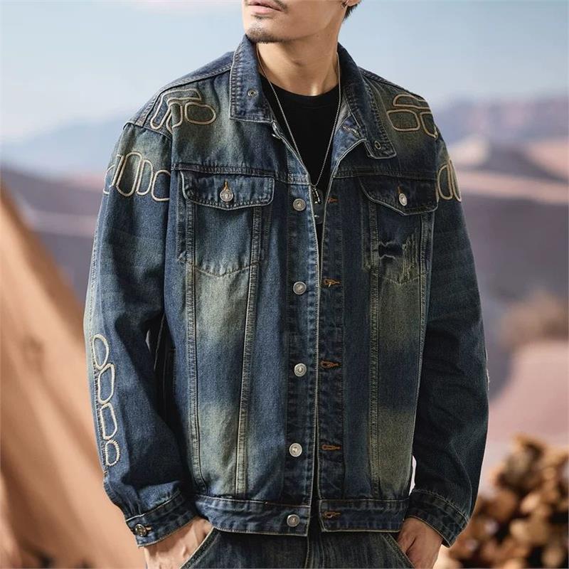 美式翻领刺绣牛仔外套男2025新款秋季休闲高级感复古工装夹克潮牌