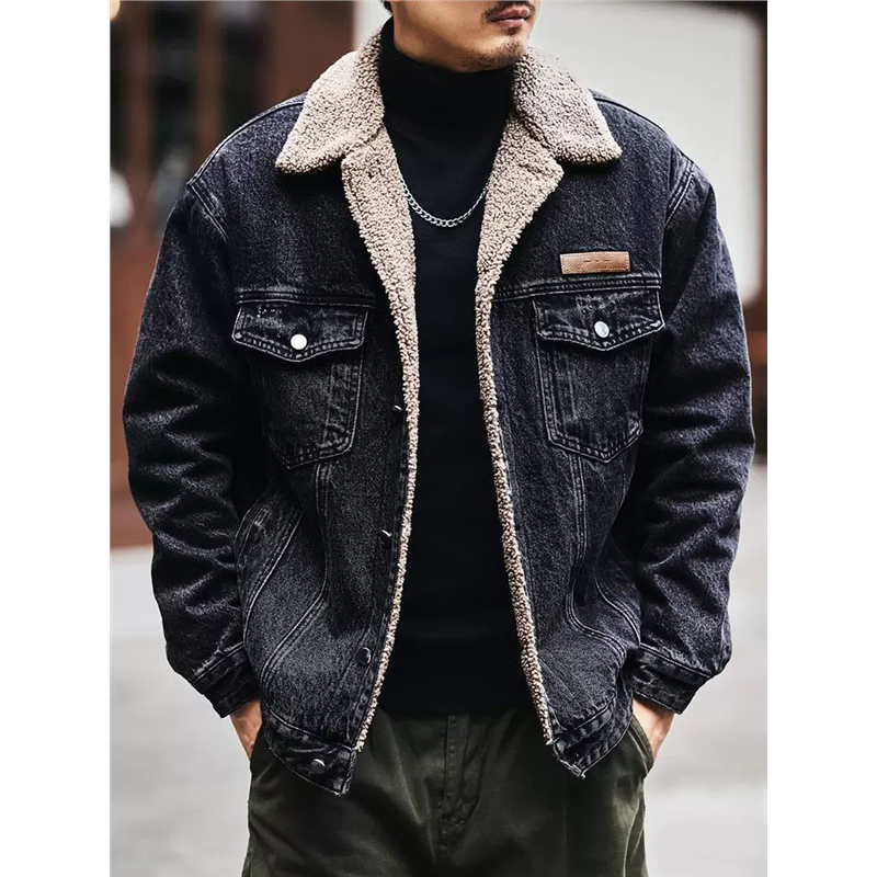 高端复古羊羔绒棉衣牛仔外套男秋冬季潮牌棉服加绒加厚工装夹克男