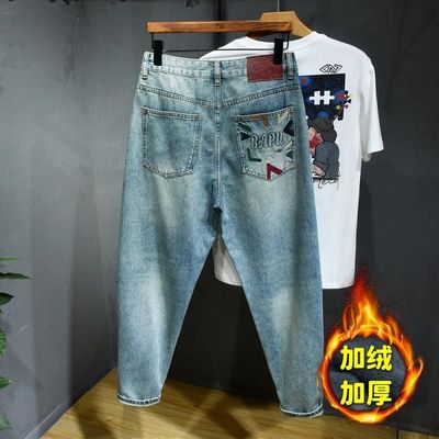 秋冬宽松水洗刺绣加绒牛仔