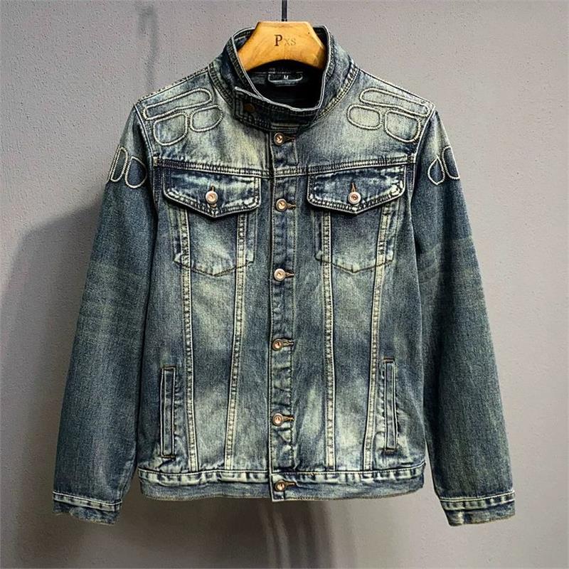 美式水洗做旧刺绣牛仔夹克男潮牌2025秋季帅气宽松外套立领上衣服