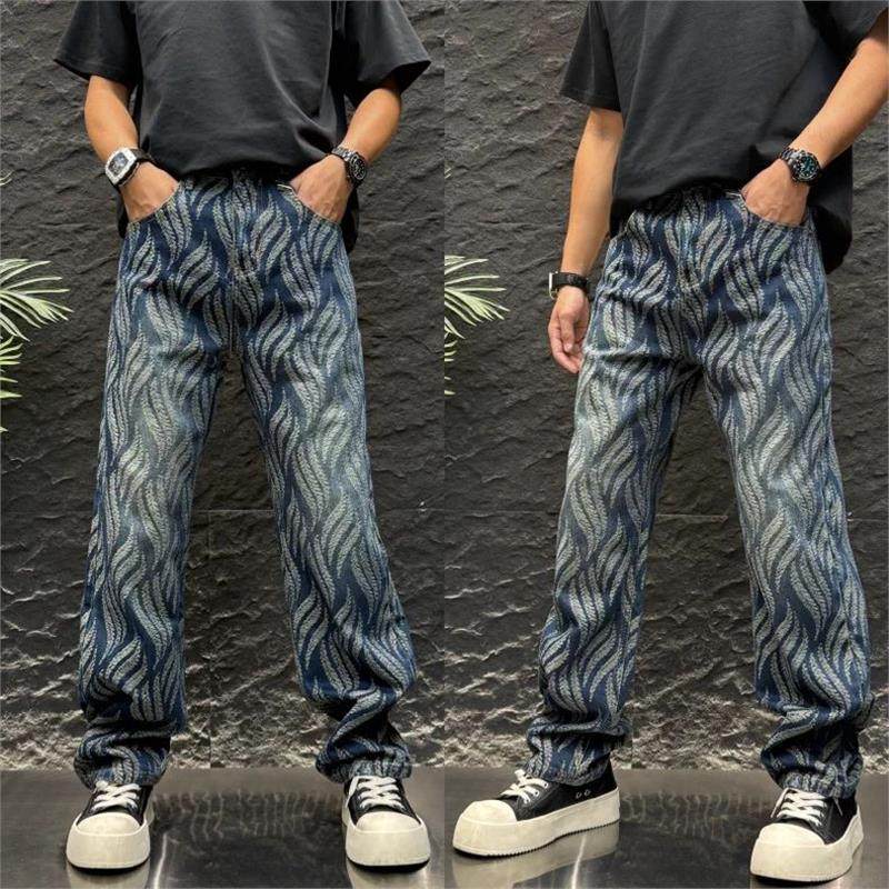 提花宽松阔腿裤水洗牛仔男