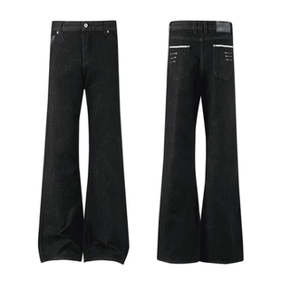 黑色四线窄幅原牛牛仔裤男款美式高街硬挺堆积显瘦裤子直筒微喇裤