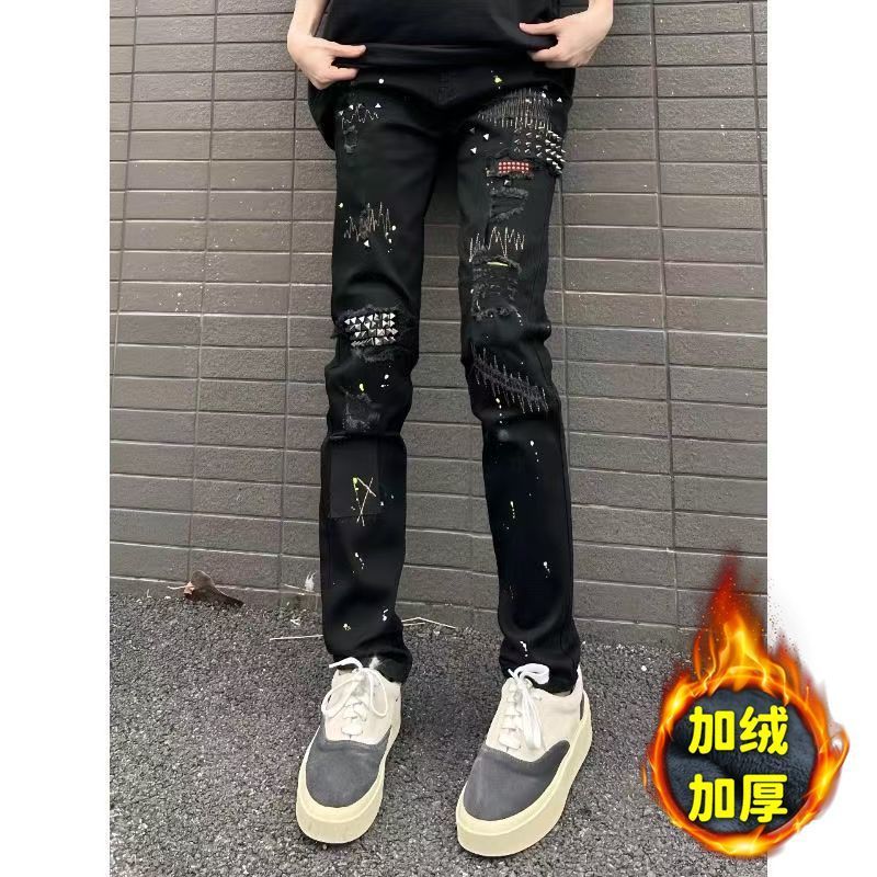 AM高街弹力刺绣秋冬加绒牛