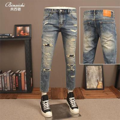 秋冬复古做旧破洞九分牛仔