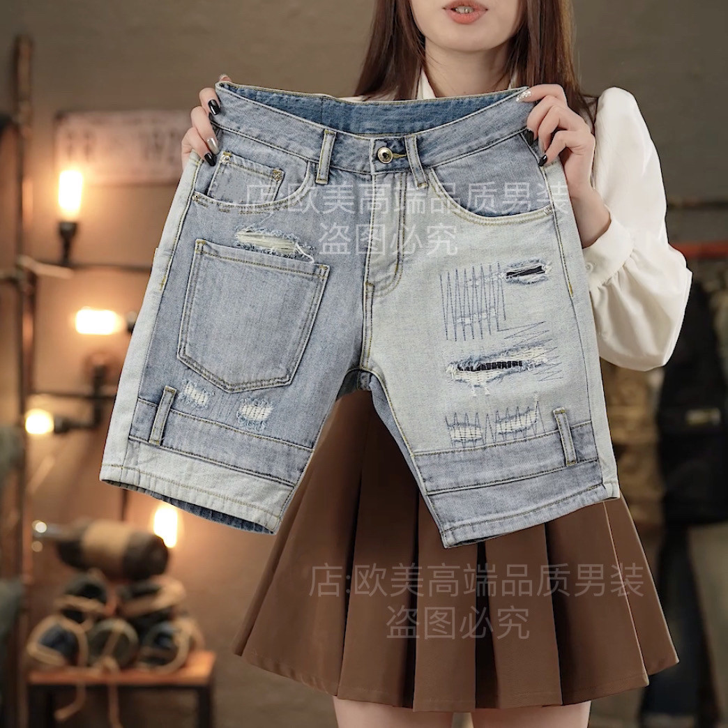 夏季薄款水洗浅色男士牛仔裤短裤拼接多口袋破洞补丁中裤五分裤潮