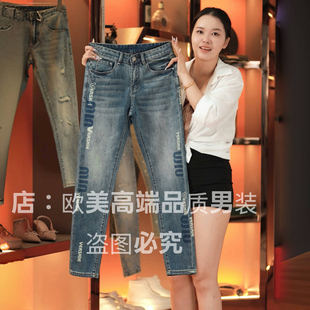 秋冬季高端美式复古做旧印花个性男士牛仔裤修身小直筒弹力高街潮