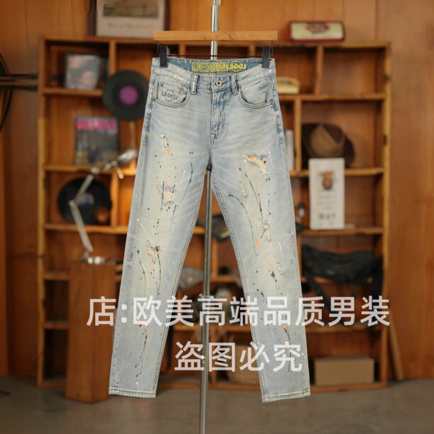 春季原创美式复古怀旧浅色泼墨彩绘破洞男士牛仔裤修身弹力休闲