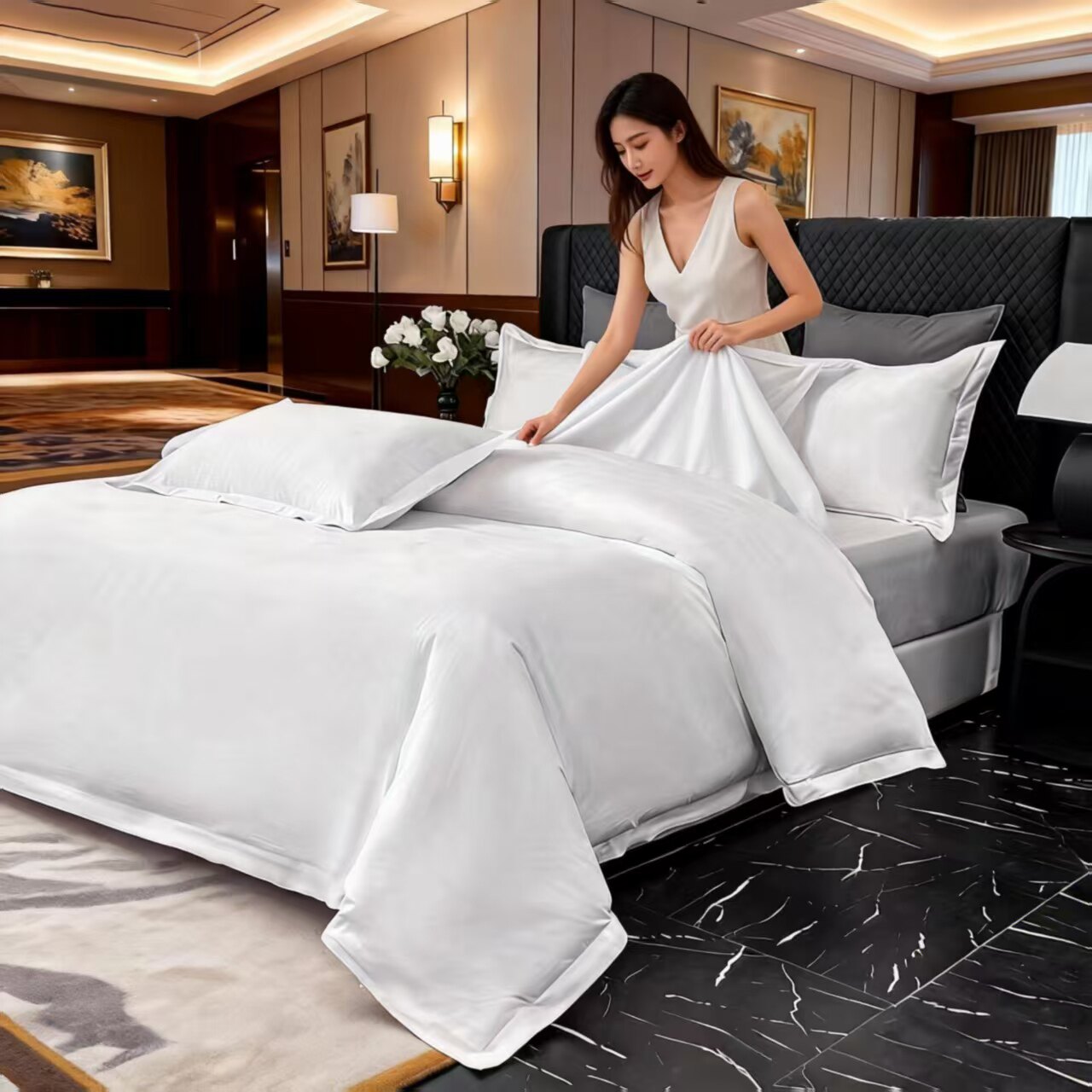 纯棉贡缎酒店纯白被套单件批发宾馆民宿专用床上用品白色布草套件