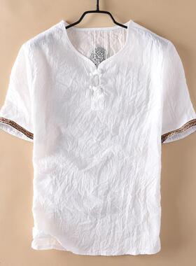 夏季中国风男装亚麻料短袖T恤复古薄款白色棉麻青年胖子宽松大码