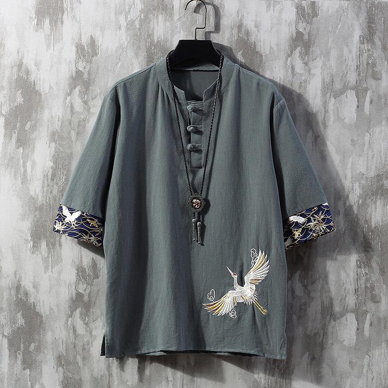 中国风盘扣上衣夏季短袖t恤中年男士古风居士服佛系汉服刺绣禅服