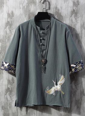 中国风盘扣上衣夏季短袖t恤中年男士古风居士服佛系汉服刺绣禅服