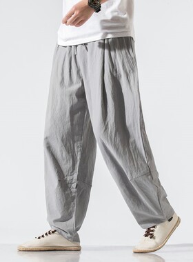 中国风男装中式亚麻裤大码宽松休闲长裤棉麻哈伦裤阔腿男裤子春夏