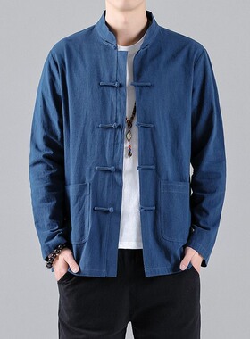 中国风唐装盘扣亚麻衬衫春秋新款中式棉麻中山装外套复古男装上衣