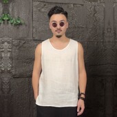 宽松亚麻背心坎肩t恤青年潮流纯色水洗薄汗衫 夏季 男士