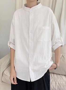 纯棉七分袖衬衫男短袖夏季棉麻休闲衬衣白色韩版潮流中袖寸衫外套