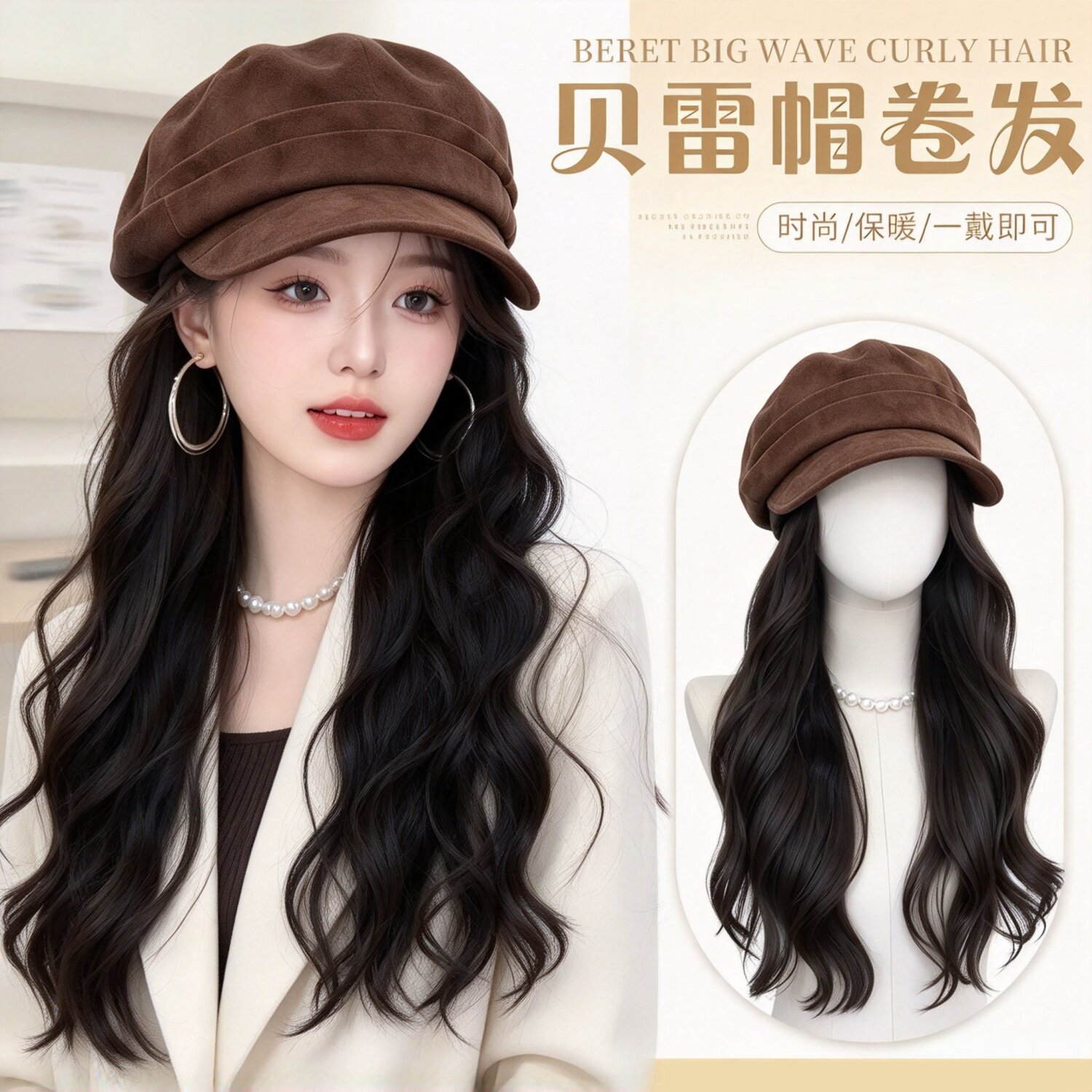 假发帽子马术帽贝雷帽假发一体女2026秋冬新款时尚长卷发全头套女