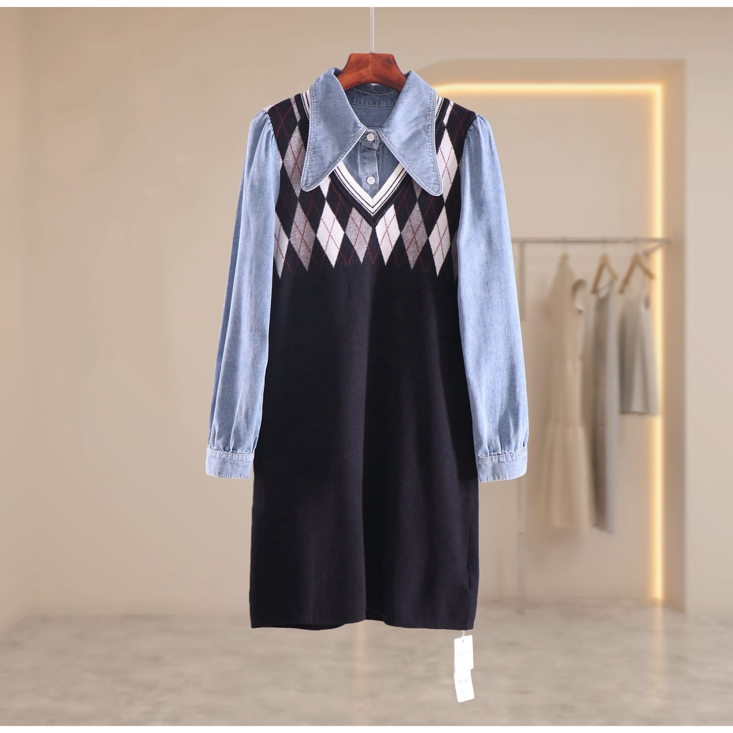 学院风马甲叠穿针织衬衫连衣裙