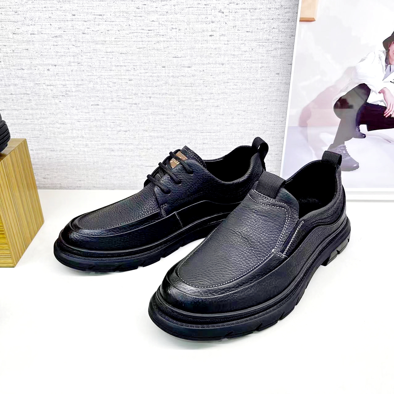 森达低跟商务休闲牛皮男皮鞋