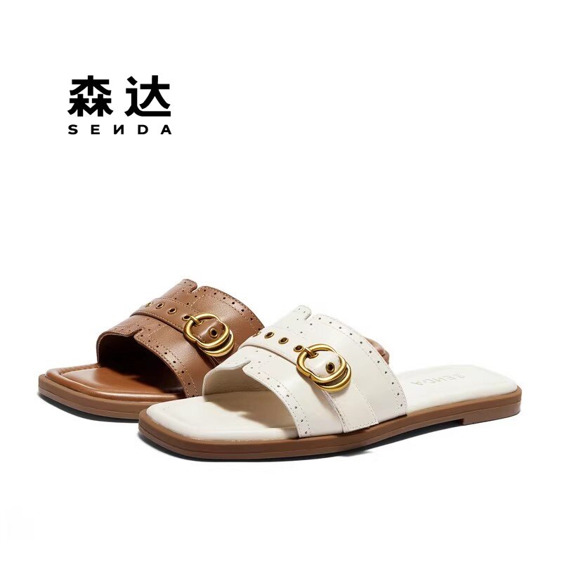 森达2026年夏款时尚羊皮面女拖鞋