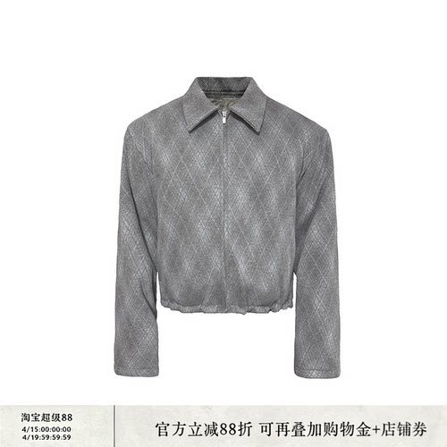 JCAESAR FLEECE JACKET 灰菱格抽绳夹绒夹克 毛呢醋酸 合体短