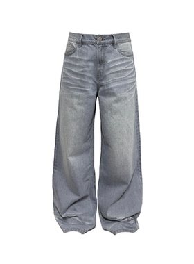 JCAESAR DENIMS 浅蓝灰水洗牛仔裤 高盎司牛仔 高温压褶 直筒微阔