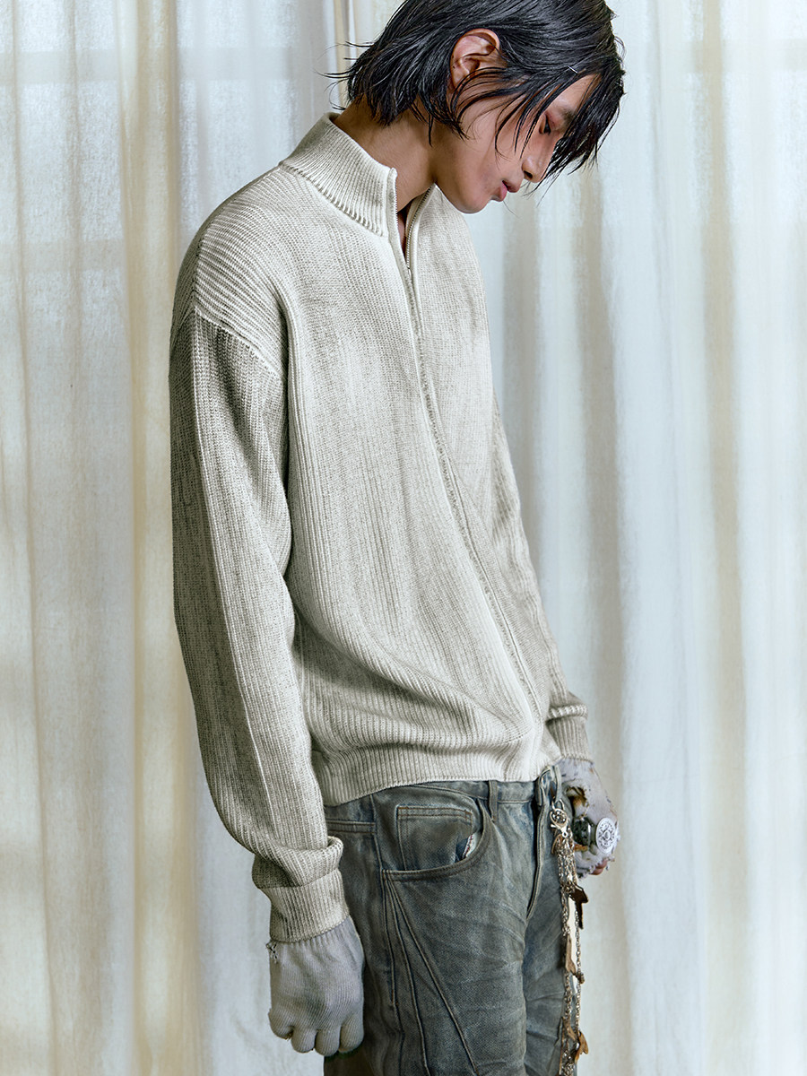 JCAESAR 23FW DIRTY CARBON 카본 스테인드 터틀넥 스웨터 가디건 더티 염색 YKK 지퍼 스웨터