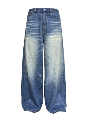 JCAESAR COATING DENIM 冰胶蓝色baggy牛仔裤 自然猫须 复古做旧