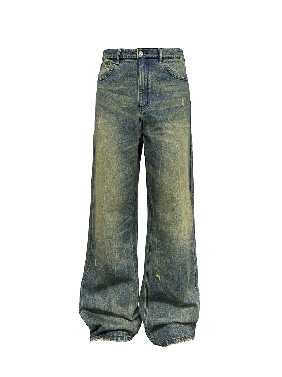 JCAESAR DENIM 内华达水洗牛仔裤 异形水洗做旧自然猫须 直筒宽松