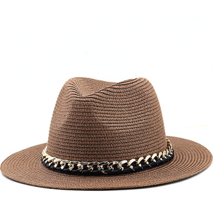 男女士亚克力链条大檐草帽春夏季英伦风新款户外出行遮阳爵士草帽